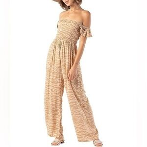 Tiare Hawaii • NWT Brown Tan Animal Stripe Smocked Jumpsuit